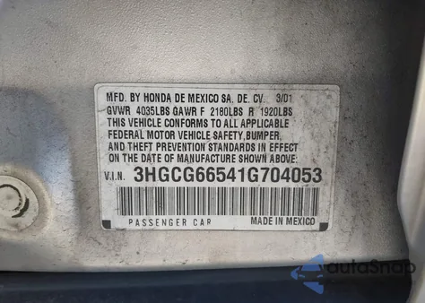 2001 Honda Accord 2.3 Lx из США, поврежденный, VIN 3HGCG66541G704053